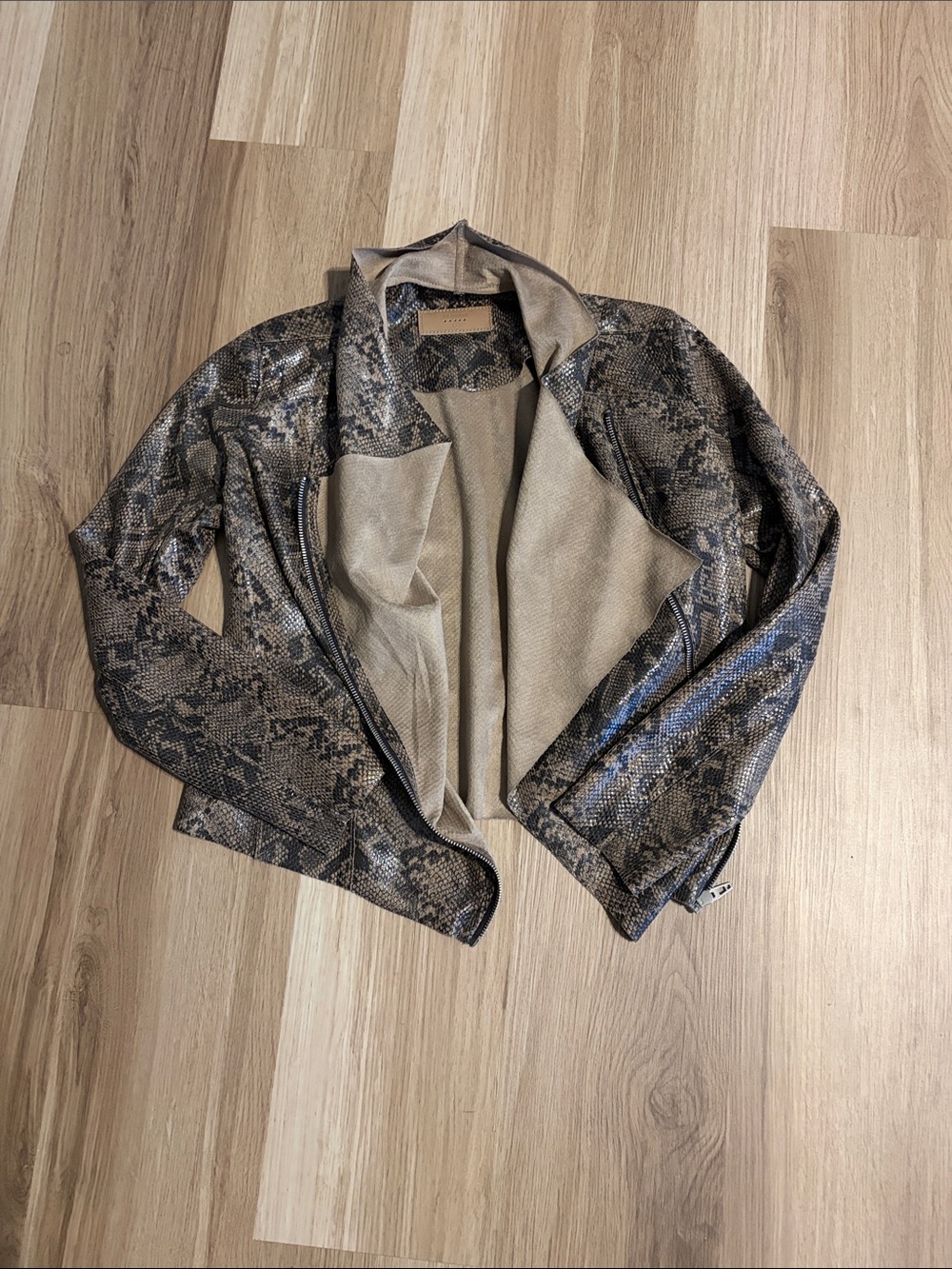 Blank NYC Snake-Print Open-Front Moto Jacket - Taupe/Black